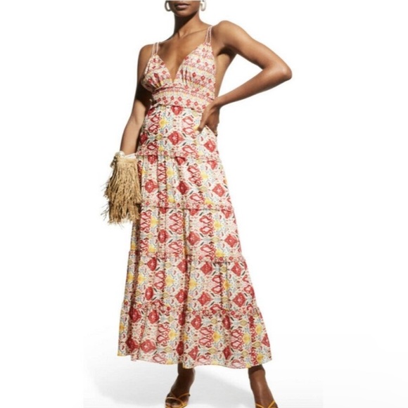 Alice + Olivia 10 Karolina Maxi Dress Braided Strap Tiered Ruffle Ikat Print - Picture 3 of 16